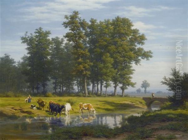 Landscape With Herd Of Cattle At A Stream - view 1