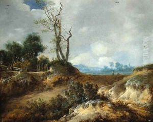 A dune landscape with peasants by a fence by Cornelis van Zwieten