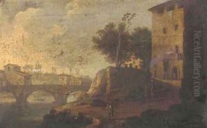 Figures before a bridge in an Italianate landscape by Francesco Zuccarelli