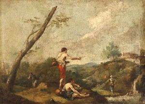 An Italianate Landscape with Fishermen on the Banks of a Stream, a Water Carrier nearby by Francesco Zuccarelli