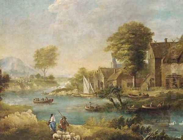 A river landscape with fishermen and shepherds by a village by Francesco Zuccarelli