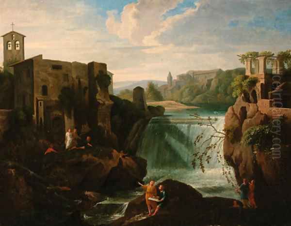 A river landscape with figures before a waterfall - view 1