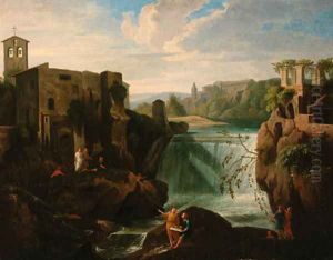 A river landscape with figures before a waterfall