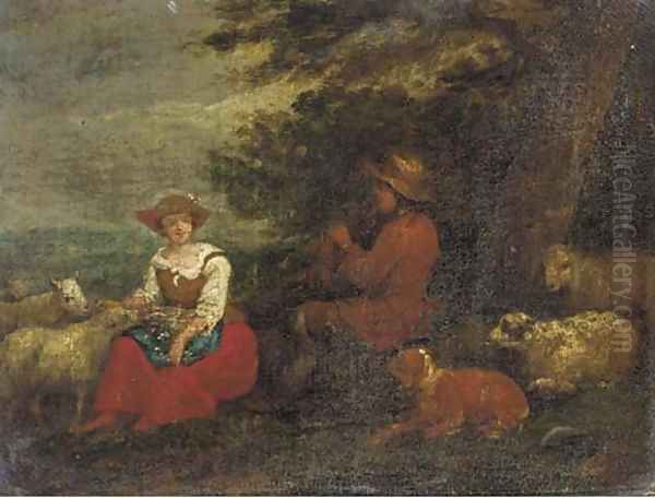 A shepherd playing a flute to a shepherdess with sheep and a dog - view 1