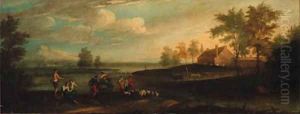 An extensive river landscape with shepherds and anglers on a bank by Francesco Zuccarelli