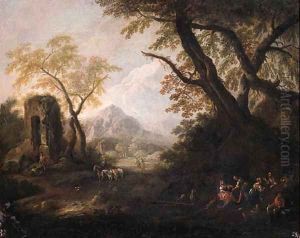 Gypsies on a river-bank in an Italianate landscape