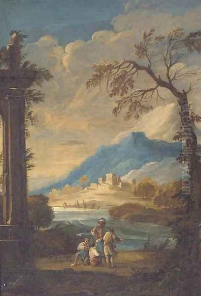 Travellers by a lakeside ruin - view 1