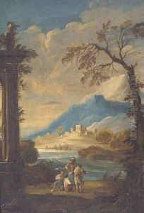 Travellers by a lakeside ruin