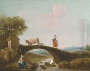 A river landscape with a girl walking over a bridge, anglers beneath by Francesco Zuccarelli