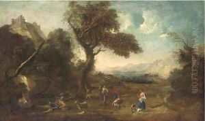 An extensive landscape with huntsmen in the foreground by Francesco Zuccarelli