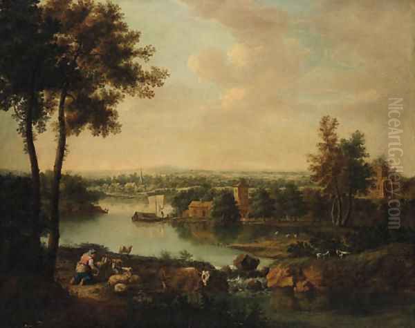An extensive River Landscape with a Maid milking Goats on a Bank, a Village beyond - view 1