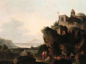 An Italianate coastal landscape with peasants before a fortified hilltop castle by Francesco Zuccarelli