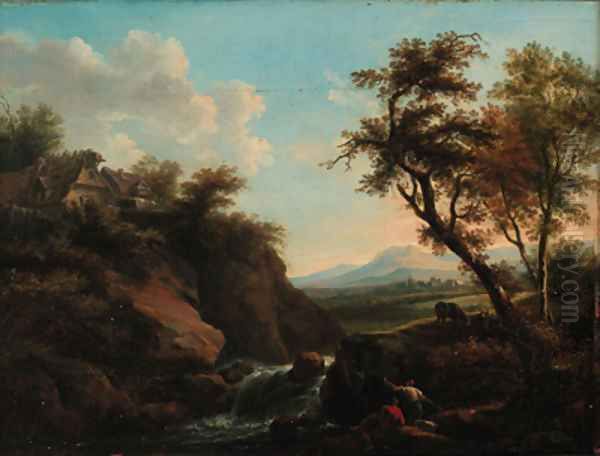 Figures in a rocky river landscape with a town beyond - view 1