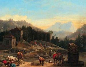 An extensive Italianate landscape with travellers by a well