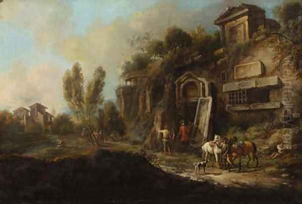 Sportsmen by a ruined mansion in an Italianate landscape - view 1