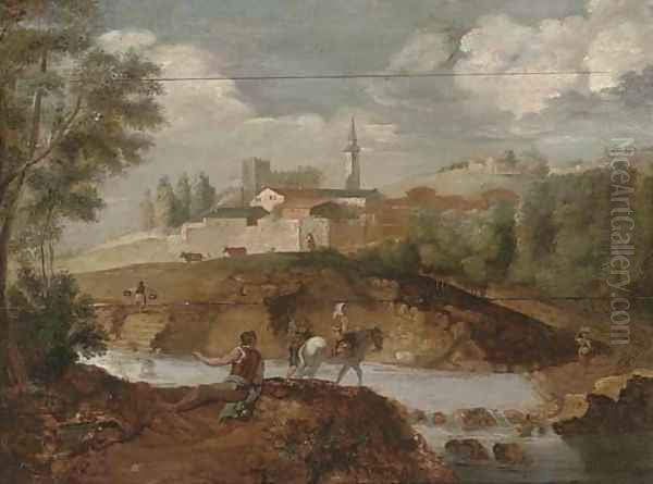 A wooded river landscape with an angler on a river bank, and travellers crossing the river, a town beyond - view 1
