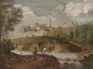 A wooded river landscape with an angler on a river bank, and travellers crossing the river, a town beyond by Francesco Zuccarelli