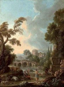 An Italianate river landscape with herdsmen on a path, a fortified tower beyond by Francesco Zuccarelli