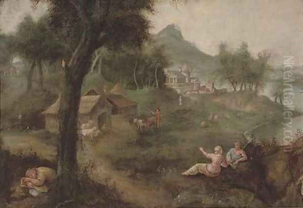 An Italianate wooded river landscape with a shepherd and his flock, a village beyond - view 1