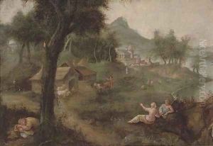 An Italianate wooded river landscape with a shepherd and his flock, a village beyond by Francesco Zuccarelli