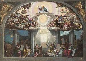 The Annunciation, with God the Father and the company of Heaven, and prophets
