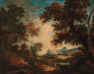 Peasants resting in extensive wooded river landscapes by Giuseppe Zais