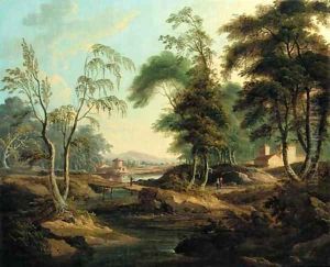 An Italianate river landscape with figures at a bridge by Giuseppe Zais