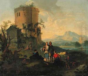 A river landscape with peasant women resting and an angler by farm buildings beyond by Giuseppe Zais