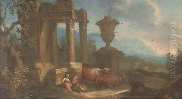Drovers and their cattle resting by classical ruins - view 1