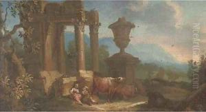 Drovers and their cattle resting by classical ruins by Giuseppe Zais