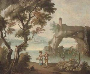 A Mediterranean coastal inlet with travellers in the foreground and a fortification beyond by Giuseppe Zais