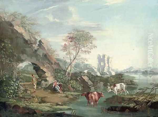 A river landscape with drovers and their cattle resting by an arch - view 1