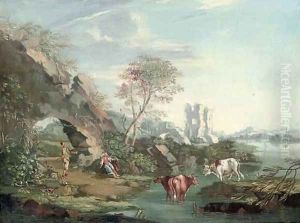 A river landscape with drovers and their cattle resting by an arch