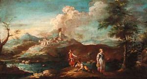 A river landscape with fishermen and a maid on a bank, a town beyond