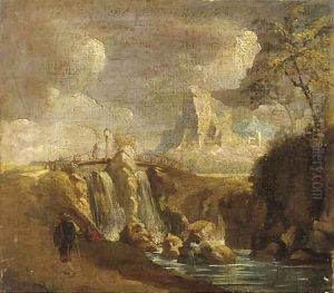 A rocky landscape with a waterfall and figures near a bridge