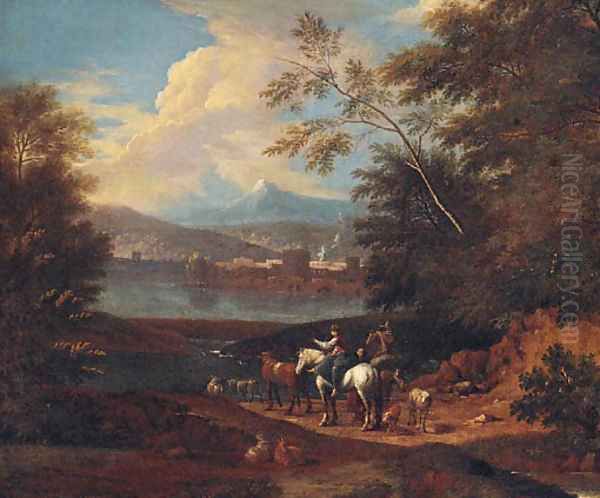 Drovers by a river, a town and mountains beyond - view 1
