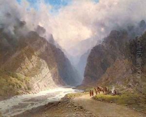 A mountainous landscape with travellers by a stream by Il'ia Nikolaevich Zankovskii