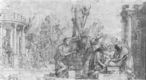 Figures sacrificing by an altar by Giovanni Battista Zelotti