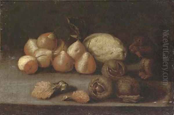 A squirrel, pears, a melon, lychees and chestnuts on a ledge - view 1
