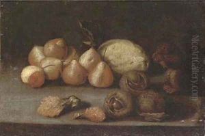 A squirrel, pears, a melon, lychees and chestnuts on a ledge thumbnail
