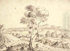An extensive landscape with a tree in the foreground by Domenico Bernardo Zilotti
