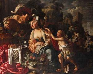 A courtesan singing accompanied by a lutenist, a boy approaching with a conch, Dives and Lazarus beyond