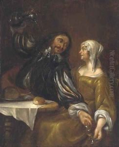 A man pouring wine into a roemer held in a woman's right hand by Gerard Pietersz. Van Zyl