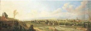 A panoramic view of Frankfurt am Main, with peasants bleaching linen by Johann Caspar Zehender