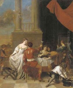 Elegant company dining in a courtyard