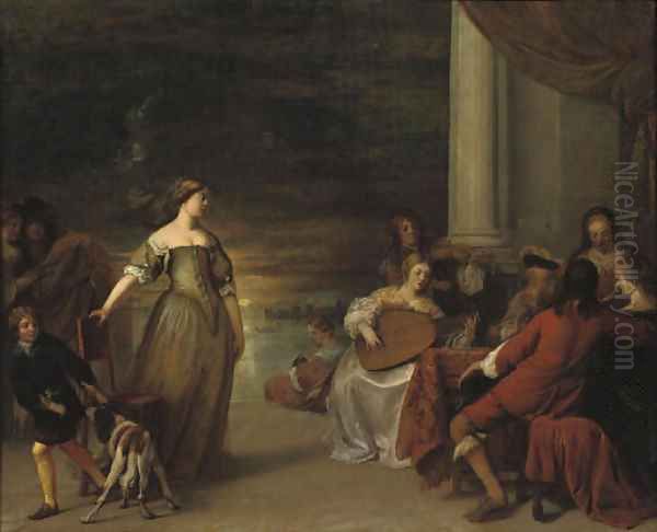 Elegant company making music on a terrace with a sunset in the distance - view 1