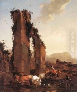 Peasants with Cattle by a Ruined Aqueduct c. 1658 by Nicolaes Berchem
