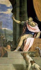 Saul throwing the lance at the head of David