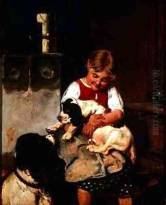 Young girl with puppy by Adolf Eberle