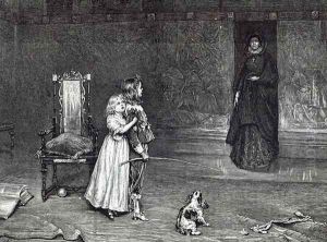 The Appearance of the Countess of Derby in the Golden room, scene from Scotts Peveril of the Peak, from Leisure Hour, 1888 by John Pettie